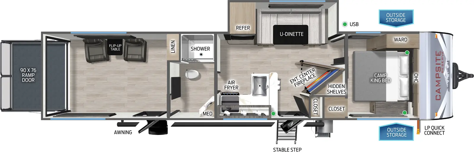 The Campsite Reserve 28SW floorplan is a toy hauler that has two entries and one slide out. Exterior features include: metal exterior and 15' awning. Interiors features include: u-dinette, front bedroom and pass through bathroom.
